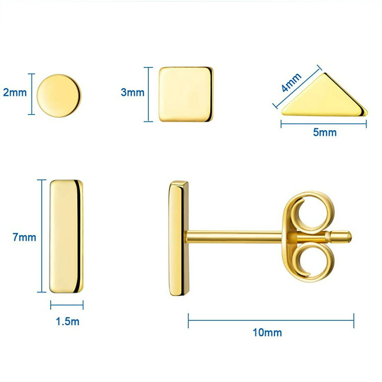 Sterling Silver Stud Earrings for Women Men- 4 Pairs of Hypoallergenic  Simple Geometric Small Stud Earring Set Tiny Circle Triangle Square Bar  Stud Earrings Mini Cartilage Tragus Earring(Gold) 
