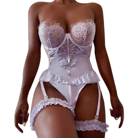 

Larisalt Lingerie For Women Women Lace Negligee Lingerie Boudoir Outfits V-Neck Sleepwear Purple L