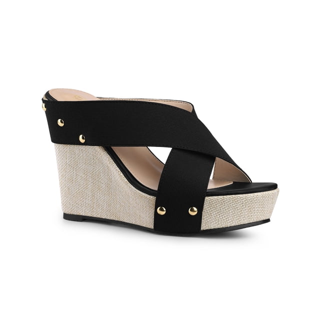 BLISSFUL STEP Chaussures pour Femmes à Plateforme Compensée à Brides Croisées Clous Tige en Tissu Sandales à Bout Ouvert Noires 10