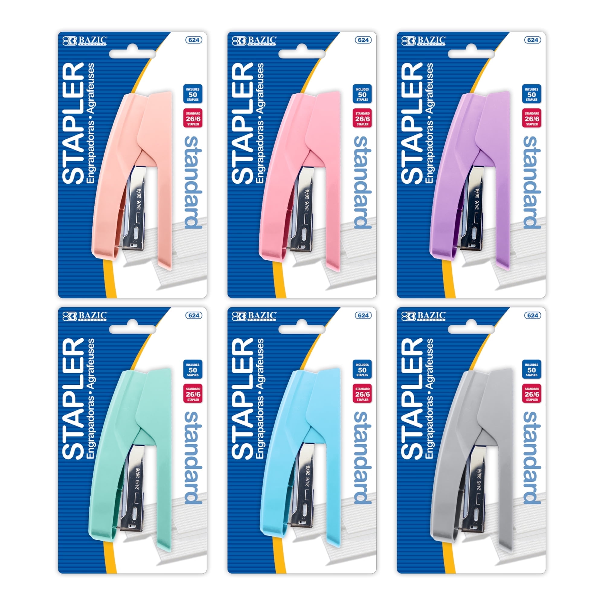 BAZIC Desktop Stapler with 50 Staples (26/6), Assorted Pastel Color Standard Stapler, 15 Sheet Capacity, Ergonomic Jam Free, 6-Pack