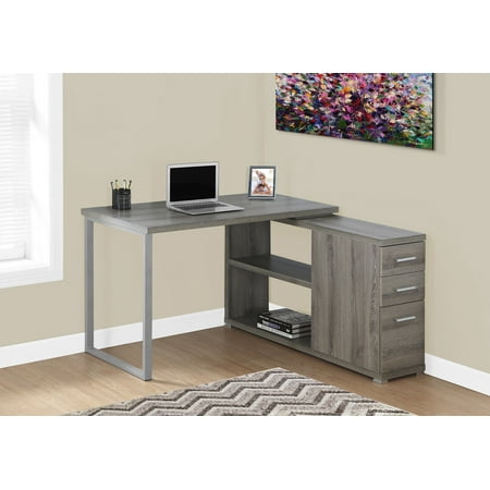 UPC: 0878218005366 | Computer Desk – L-Shaped / Corner / 3 Drawers / 2 Open Shelves / Metal Leg – 47 L X 47 W – Dark Taupe Wood-Look / Silver