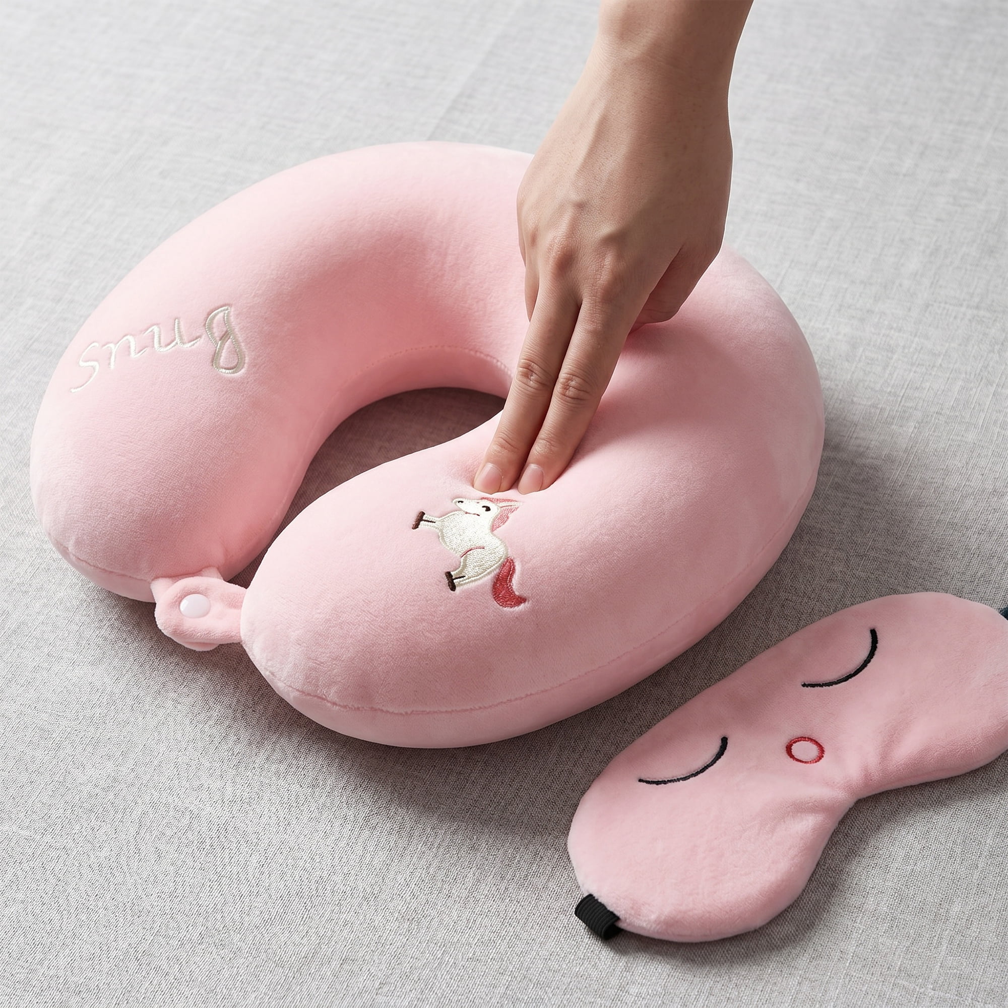 Unique Bargains Memory Foam Neck Pillow U Shape Neck Pillow with Eye Mask Pink 12"x12"