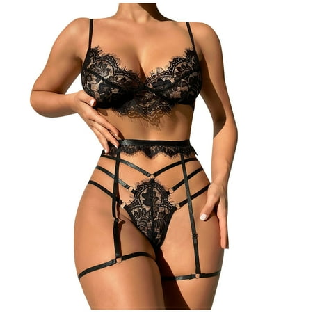 

RPVATI Women s Sexy Garter Lingerie Set 3 Piece Babydoll Bodysuit Eyelash Lace Cutout Lingerie Underwire