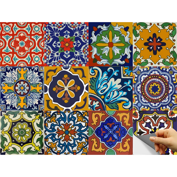 Bleucoin Tabasco Mexican Talavera Self-adhesive Renter Friendly Water Resistant and Removable Vinyl Tile Stickers for Home Improvement