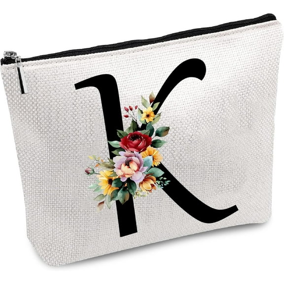 Polycotton Custom Canvas Storage Bags Metal Zipper Pouches Rectangle with Pattern Letter K 18x25cm
