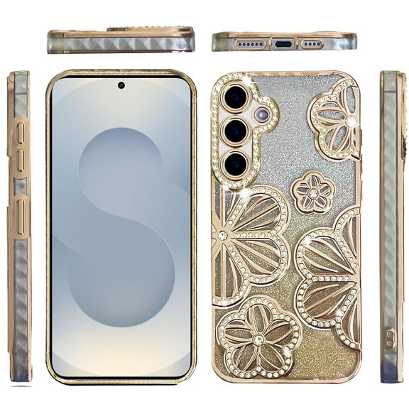 XPM for Samsung Galaxy S26  / S26 Plus Luxury Flower Design Sparkle Glitter Diamond Rhinestone Shimmer Bling Plating Thick TPU Hard PC Phone Case Cover (Gold)