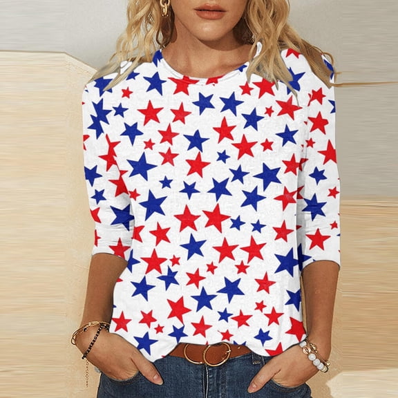 Vetsdori Red White and Blue T Shirts for Women 3/4 Sleeve Plus Size Summer Pullover American Flag,July 4th Casual Graphic Fashion Ladies Tops Crew Neck