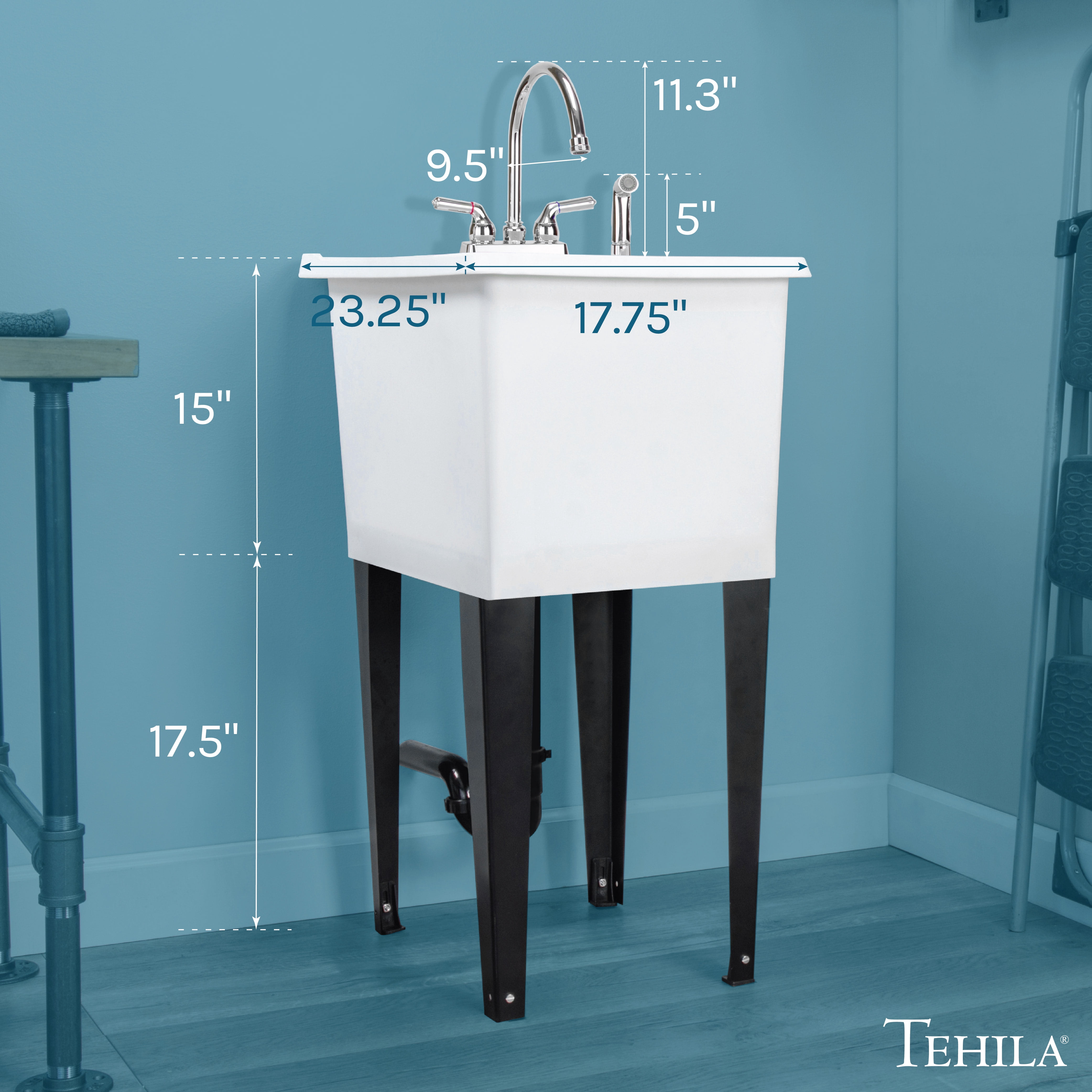 TEHILA Space Saver 16 Gallon White Utility Sink with Chrome Finish Faucet & Side-Sprayer