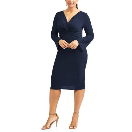 Sexy Black Slinky - Women's Plus Long Sleeve Slinky Knot Front Dress