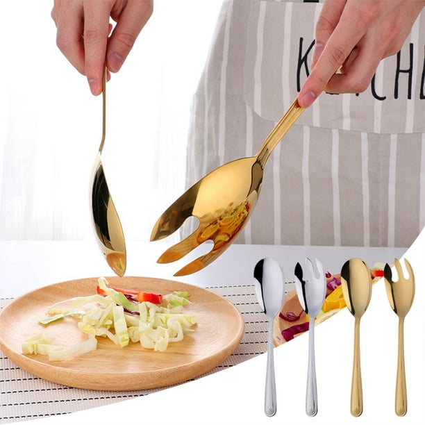 Fiudx Juego de Tenedor y Cuchara para Ensalada con Mango Largo, Acero Inoxidable Dorado y Plateado, Elegante Diseño Occidental, Agarre Cómodo, Versátil para Pasta y Ensalada, Apto para Lavavajillas,