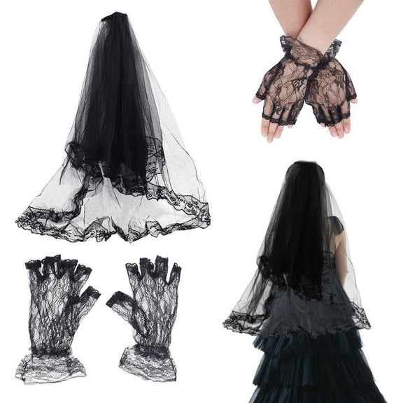 1Pc Black Lace Veil 1 Pair Gloves Wedding Veils with Comb Long Bridal Veil for Brides Wedding Prom Evening Party Fancy Dress Costume