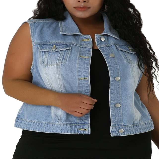 Unique Bargains Women‘s Plus Size Chest Pockets Single Breasted Denim Sleeveless Jacket