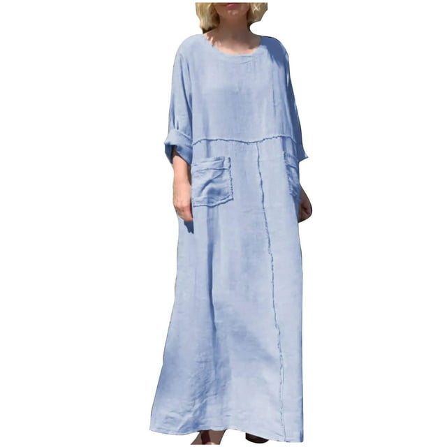 VOAVEKE Robes Grande Taille, Robe Décontractée à Manches Longues pour Femmes, Col Rond, Uni et en Lin, Bleu TTTTG