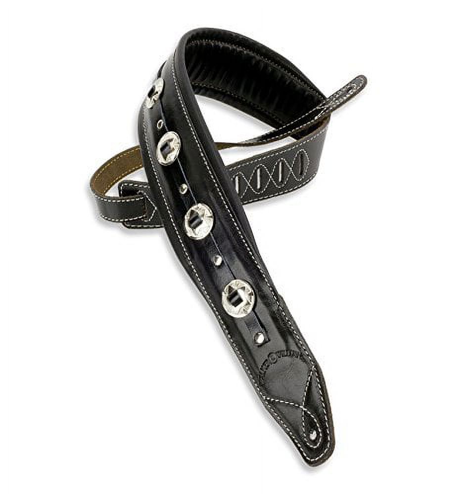 Walker & Williams C44 Premium Top Grain Black Leather Padded Concho Strap for Guitar or Bass 3.5" Wide