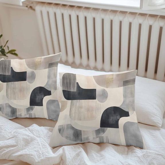 Waterproof Throw Pillow Covers 16x16 Set of 2, Abstract Geometric Retro Boho Outdoor Pillowcases with Invisible Zipper, Black Gray Color Block Decorative Cushion Covers for Patio Garden Sofa Couch