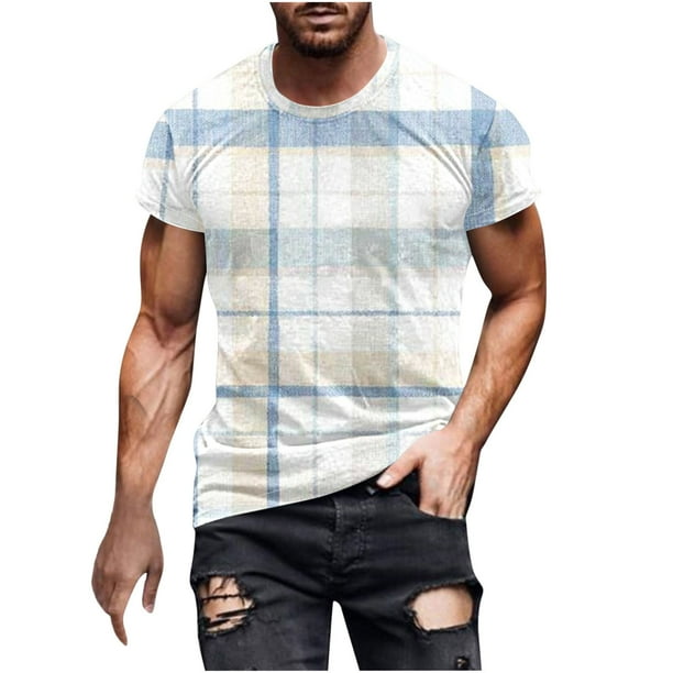 Camiseta de Manga Corta de Cuello Redondo con Impresión de Cuadro Casual, Top Ligero para Diario Y Al Aire Libre, Camisetas Casuales para Hombre