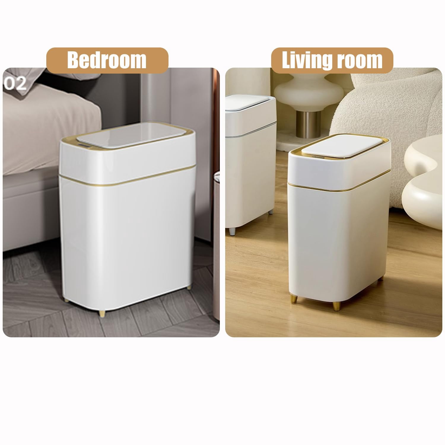 Motion Sensor Trash Can Bathroom Automatic Touchless Lid - Sensor Garbage Can - Bathroom, Bedroom, Kitchen, Laundry Room, Small Spaces - Compact Smart Trash Bin - White with Gold Edge, 1Pack