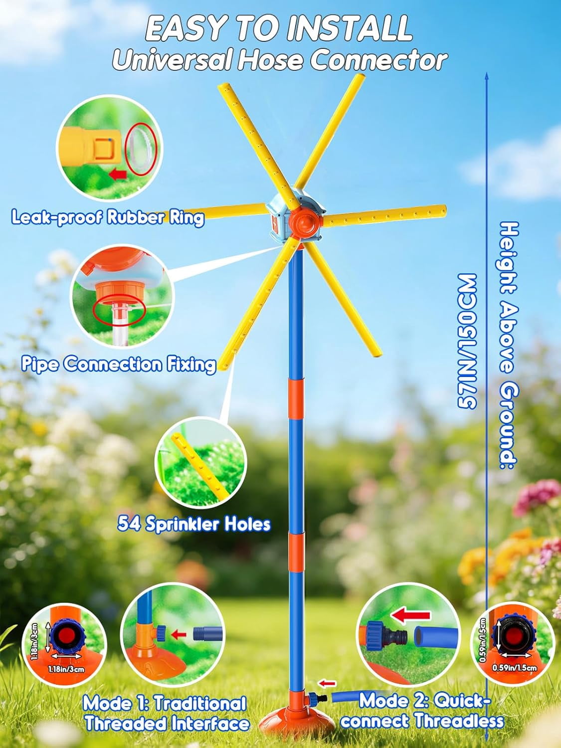 Yippzo 55" Windmill Water Sprinkler for Outdoor Yard, New Double-Sided with 6 Blades, 54 Spray Nozzles, 360° Spining Splash Summer Fun Play