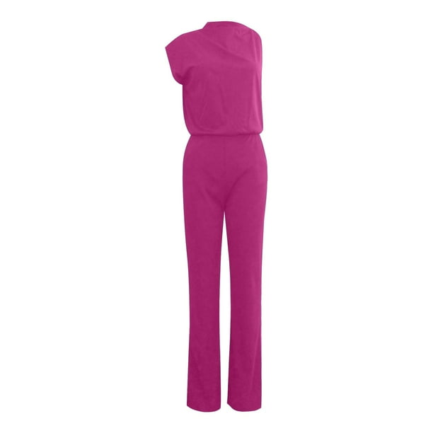 Mono de mujer de color liso con pantalón recto - Poliéster y spandex, tirantes finos, pierna ancha, diseño holgado informal.