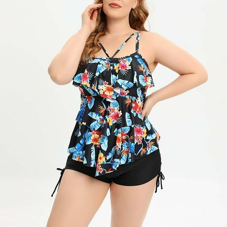 UPPADA Swim Dress for Women Two Piece Plus Size V Neck Halter Swim Skirts Floral Print Tankini Bathing Suits Flowy Cute Swimsuit with Shorts Womens 2 Piece Swimsuits Clearance Multicolor XL