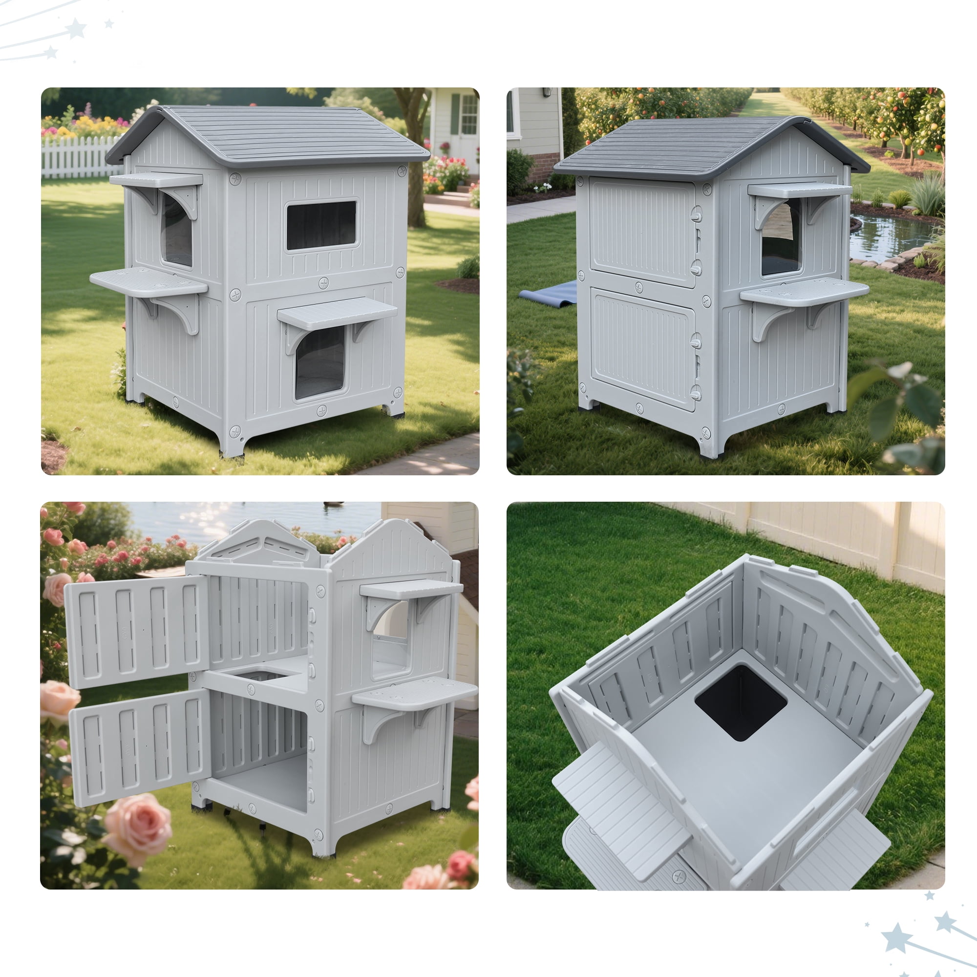Plastic Cat House Outdoor Weatherproof Cat House for Winter, 2 Story Cat Houses Large for Multiple Cats Outside Cat Shelter, Spacious, Clean Easily