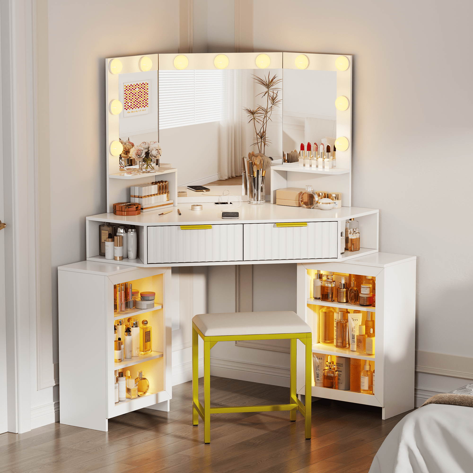 VKCC Retro Corner Vanity Desk Table with Ultra-Wide LED Mirror, Charging Station, Storage Drawers & Shelves, White