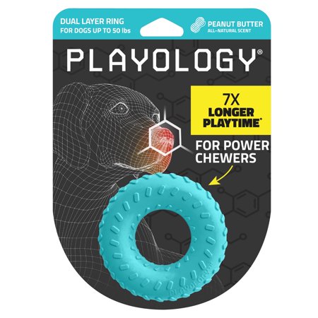 Playology Dual Layer Ring Toy for Medium Dogs Up to 50lbs | Engaging All-Natural Peanut Butter Scented Durable Dog Chew Toy for Power Chewers | Easy to Clean Interactive & Non-Toxic
