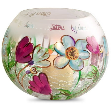 Round Tealight Holder Fields of Joy - Sister by Chance, Friends by Choice Round Crackle Glass Floral Tealight Candle Holder ()