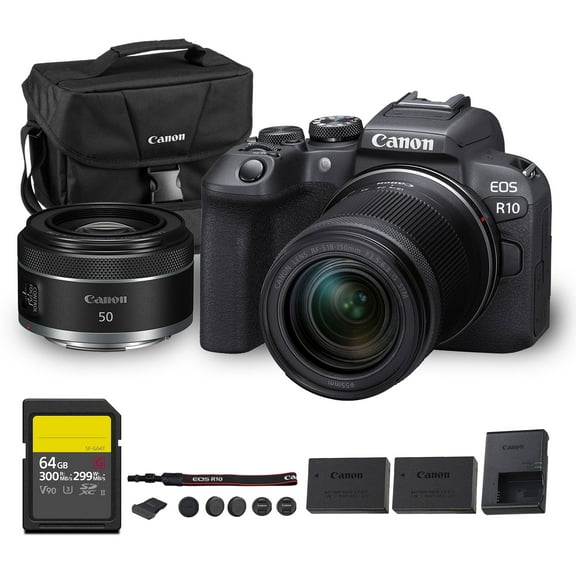 Canon EOS R10 Mirrorless Camera Kit | 24.2MP APS-C Sensor with RF-S 18-150mm Lens | 4K Video Dual Pixel AF Compact Travel Photography (5331C016)   Canon RF 50mm f/1.8 STM Lens   64GB Card   More