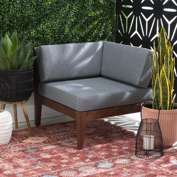 Linon Sorrell Acacia Corner Outdoor Lounge Chair with Cushions, Walnut/Gray