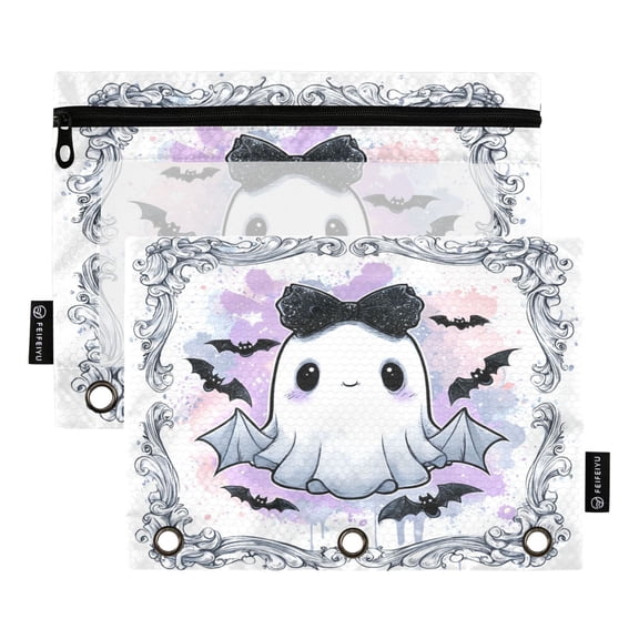 2 Pack 3 Ring Binder Pouch with Clear PVC Window Water Resistant Zipper Pencil Pouch Cute Black Bow Ghost Binder Pocket for Classroom Office Home Stationery Organization