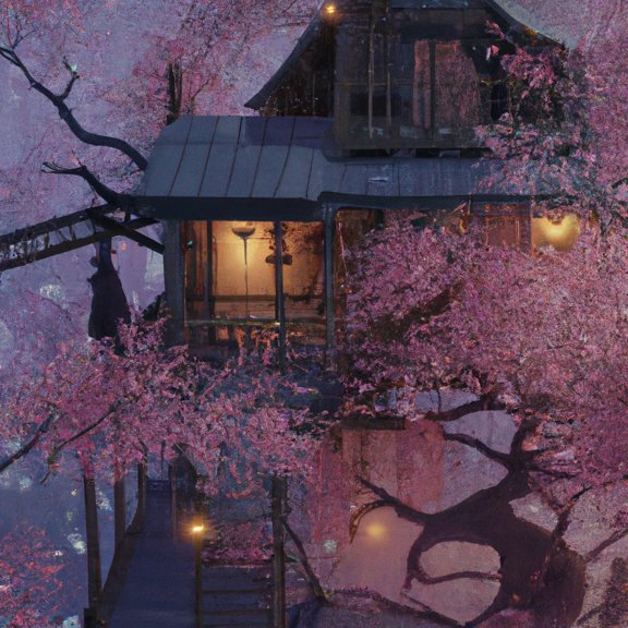 Cherry Blossom Tree House Painting - 12" x 12" Art Print