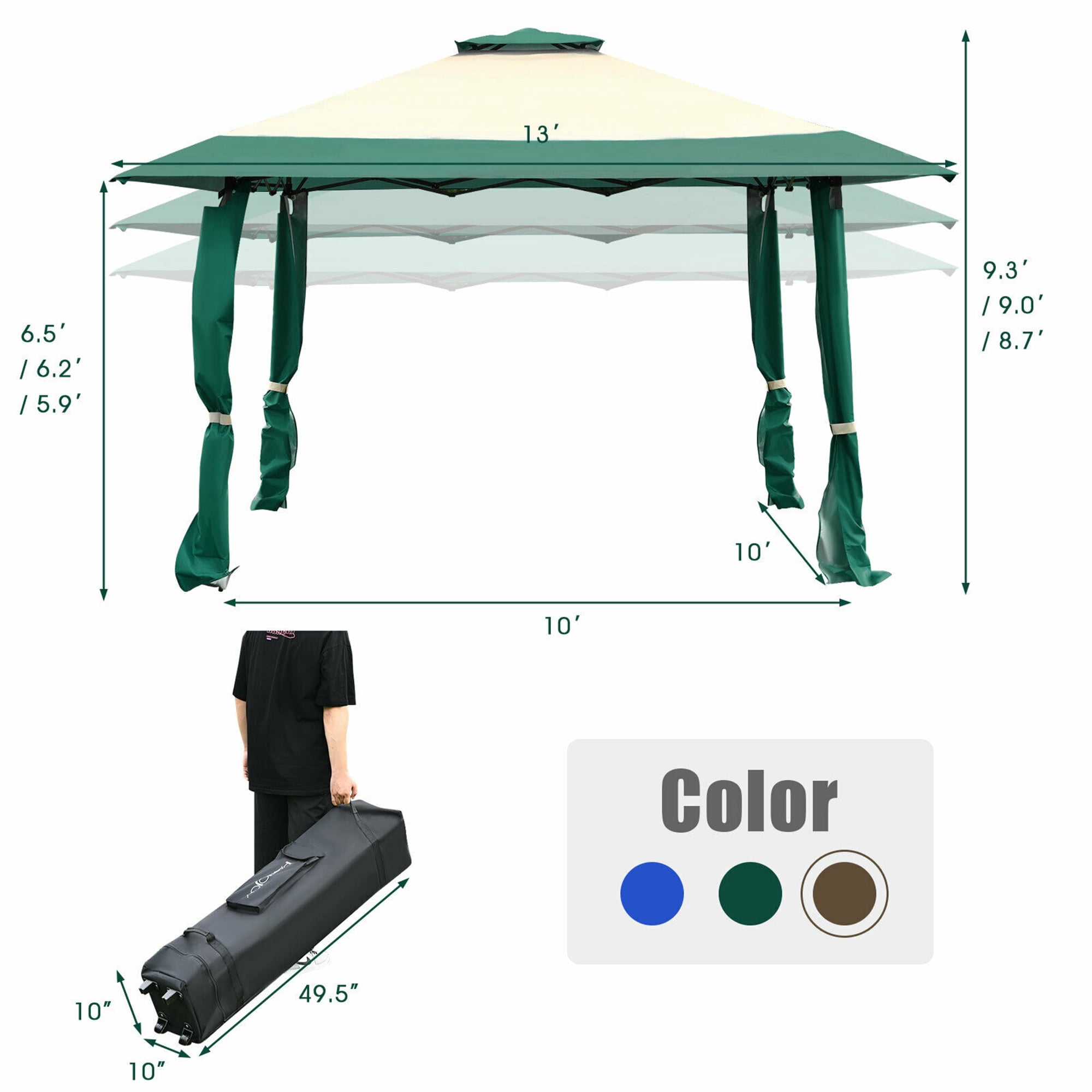 Gymax 13' x 13' Folding Patio Pop-up Gazebo Canopy Tent Outdoor Shelter Shade Green