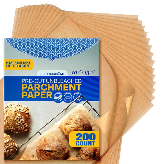 Stock Your Home 200 Ct Unbleached Parchment Paper Sheets, Pre Cut Parchment Paper Sheets for Baking, Air fryer Sheets & Oven Liners FOr cookies, Bread, meat, Pizza (10.7”x13.75”)