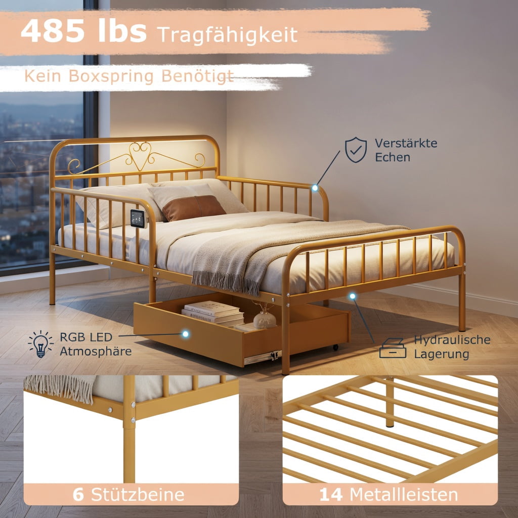 Yardi Yarda Twin Size Bed Frame with Headboard and Safety Side Guardrails, Simple Bed Frame for Indoor, Gold