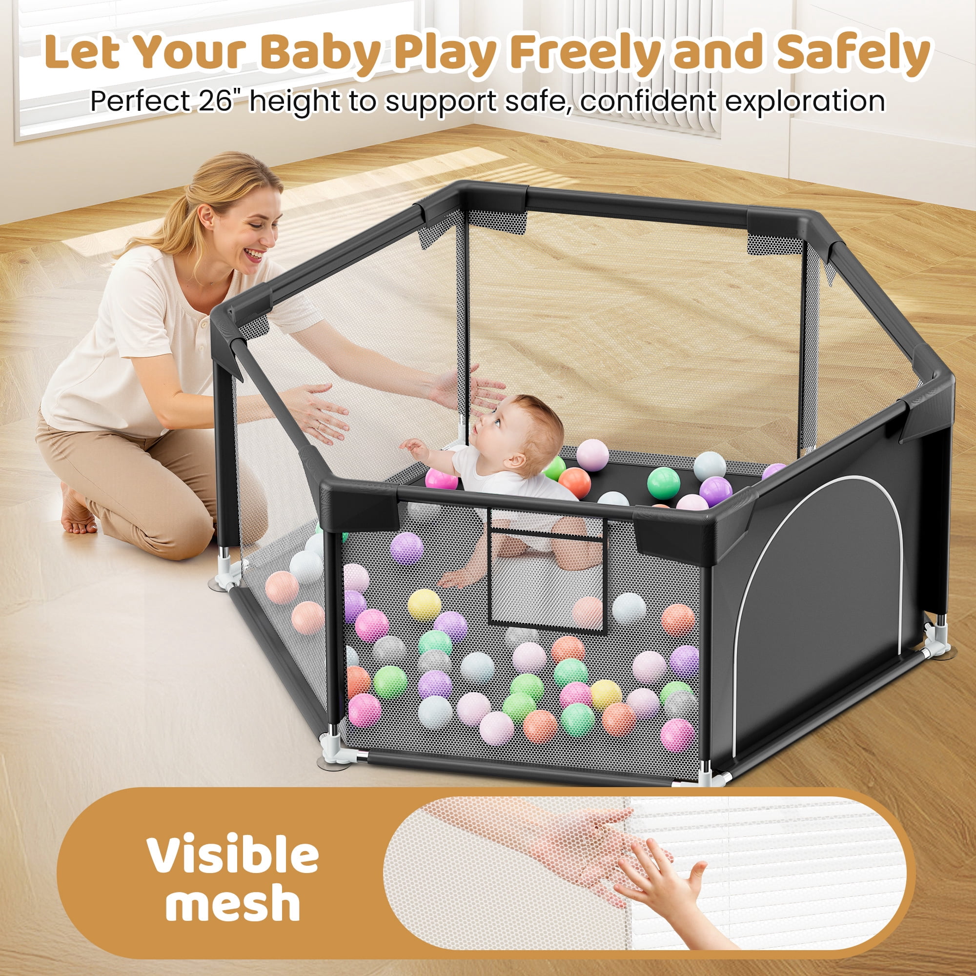 babyeap 50 Inch Baby Playpen,Fence Baby Play Yard for Indoors Outdoors,Hexagonal Toddler Playpen,Black