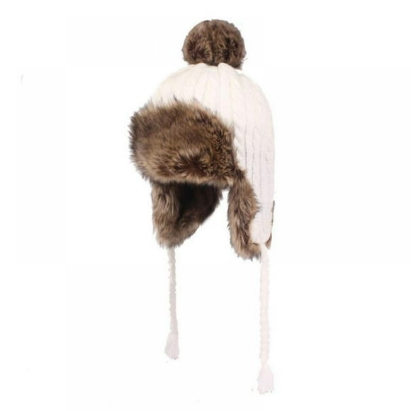 Women Faux Fur Earflap Trapper Hat Knitted Pom Ladies Winter Snow Ski Hat