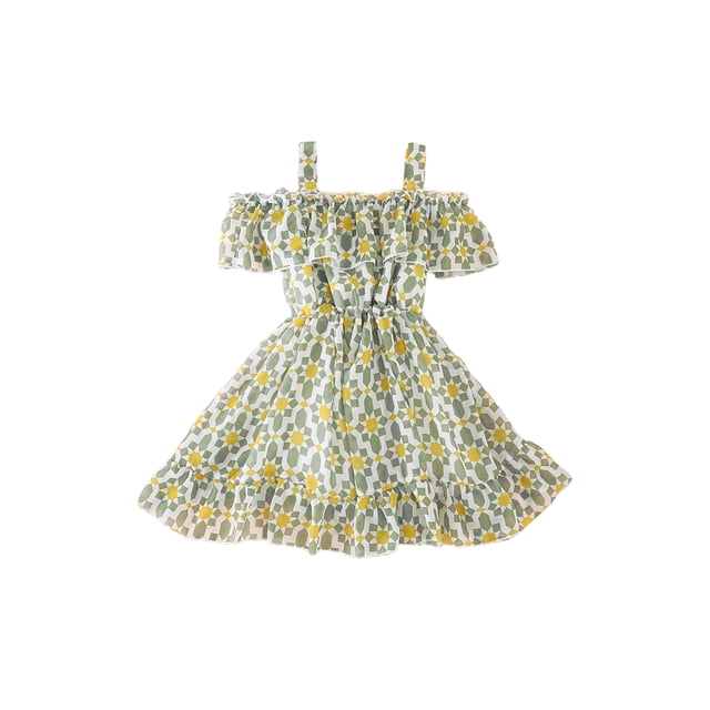 Xingqing 8 Colors Summer Princess Kids Girls Dress Flowers Printed Short Sleeve Off Shoulder Ruffles A-Line Chiffon Dress