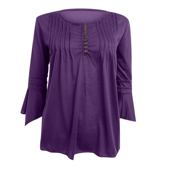 Womens Flared Long Sleeve Pleated T Shirts Tops Button Crewneck Dressy Casual Solid Color Henley Tunic Tops Blouses