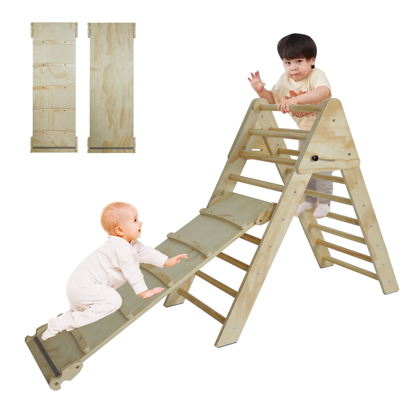 Natural Wood Pikler Triangle Ladder with Ramp & Slide, Foldable 2-in-1 Wooden Climbing Play Gym, Montessori Climber for Toddlers Kids Ages 1-7