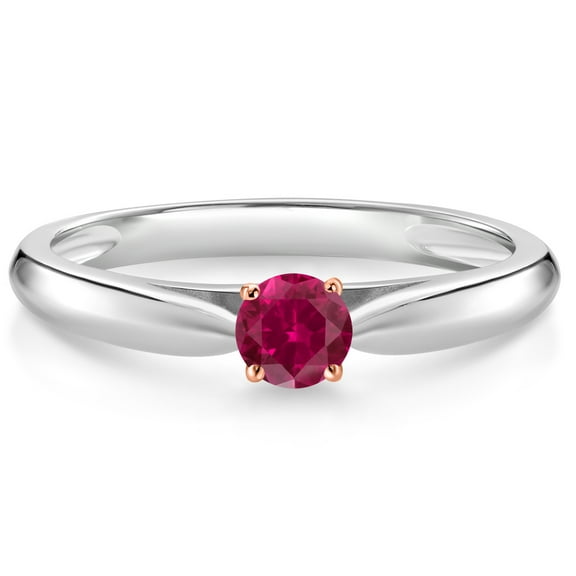 Gem Stone King 925 Silver and 10K Rose Gold Red Created Ruby Solitaire Engagement Ring for Women (0.25 Cttw, Gemstone July Birthstone, Round 3.5MM, Size 5)