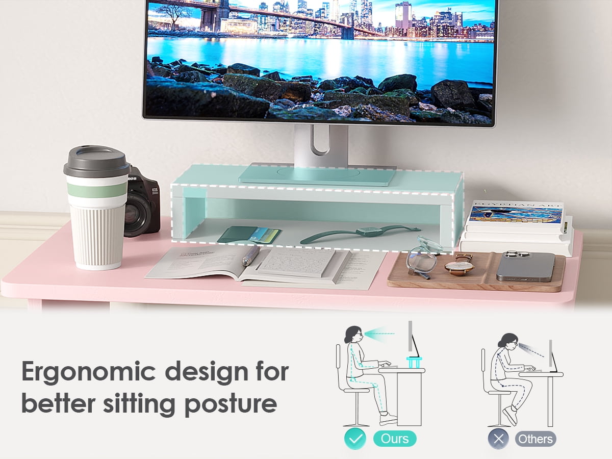 MIN EN WIN 29in Computer Desk with Monitor Stand and Keyboard Tray for Small Space, Wood PC Laptop for Bedroom, Writing Table with Shelves for Living room, Pink