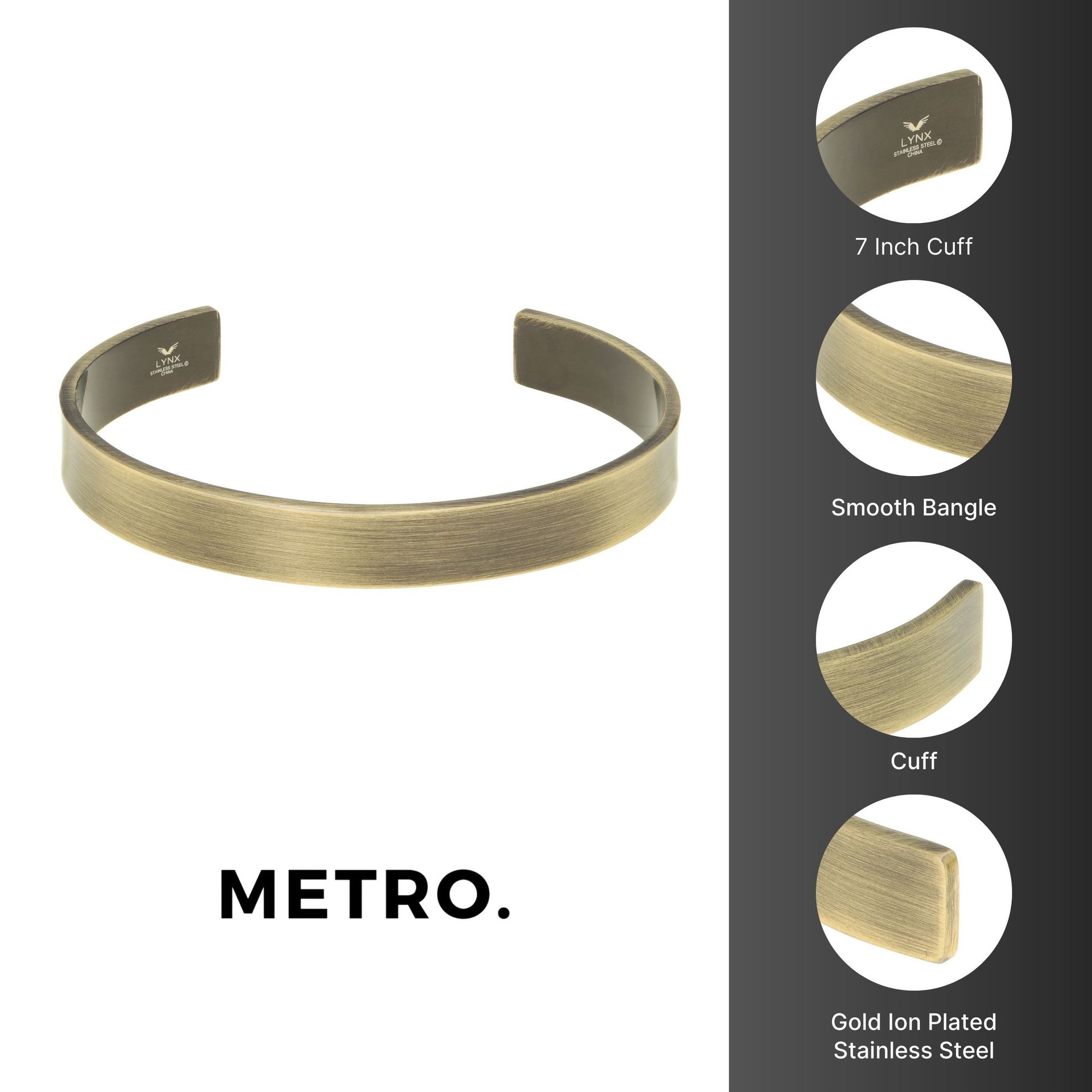 Metro Jewelry Stainless Steel with Antique Ion Plating Bangle Cuff Bracelet for Men - 8MM Wide