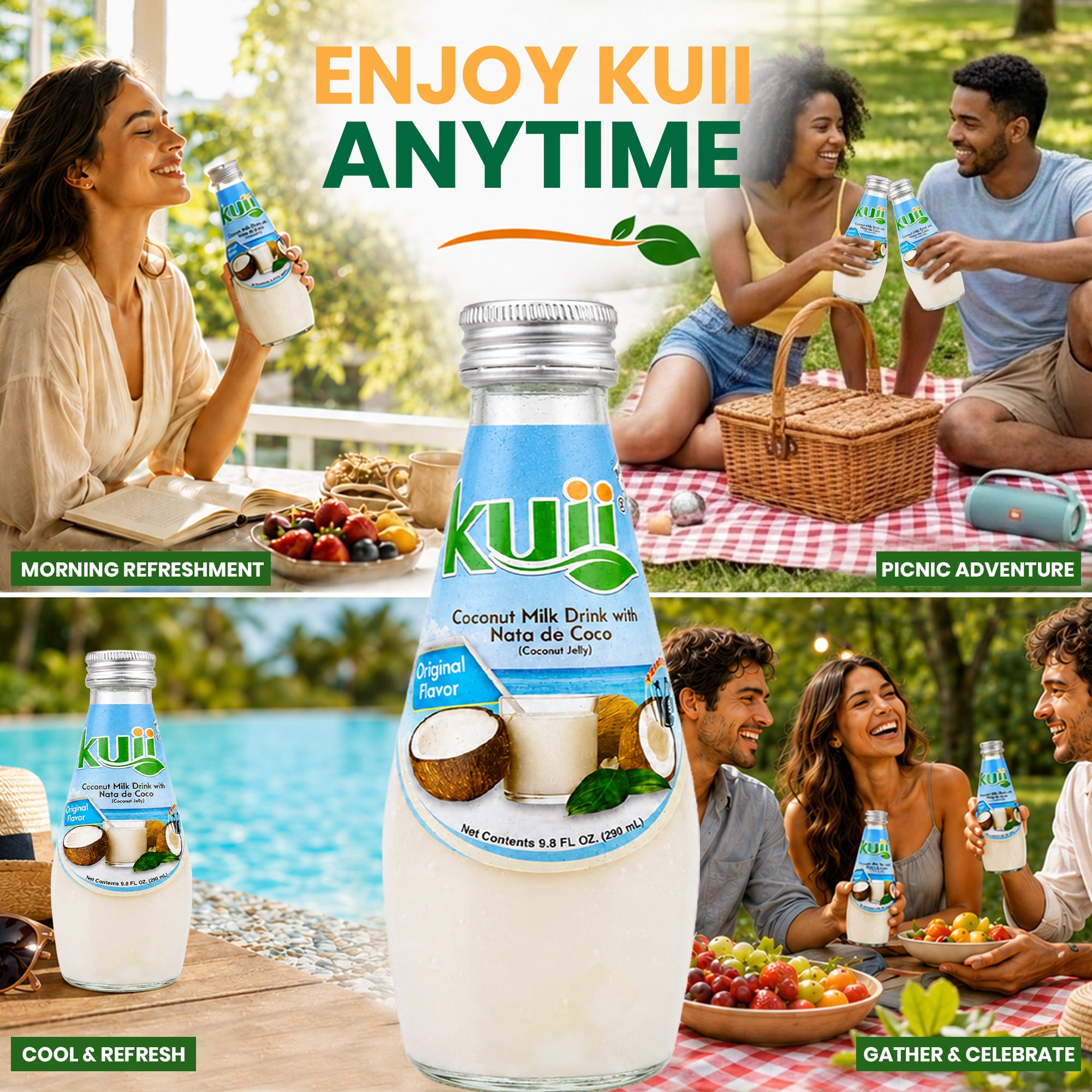 (4 pack) Kuii Drinks Coconut Milk with Nata de Coco, Original, 290 mL Single Glass Bottle