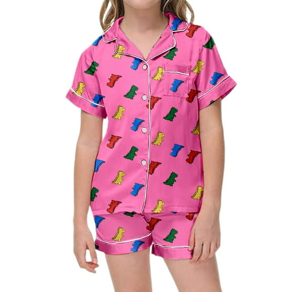 Teen Girls Silk Pajamas Set Dinosaur Printed Button Down Solid Tops T Shirt Shorts 2PCS Summer Toddler Girl Sleepwear Girls Pajamas Size 10-12