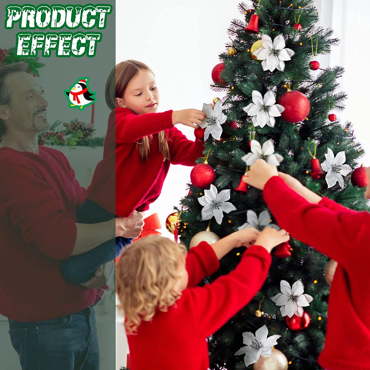 6PCS Glitter Christmas Artificial Flowers Christmas Poinsettia Decor Christmas Tree Wreaths Ornaments for Christmas Home Wedding Party