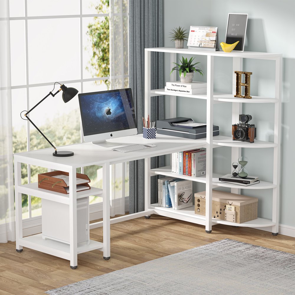 Tribesigns LShaped Corner Computer Desk with 5 Tier Storage Shelves, Modern Study Writing Desk