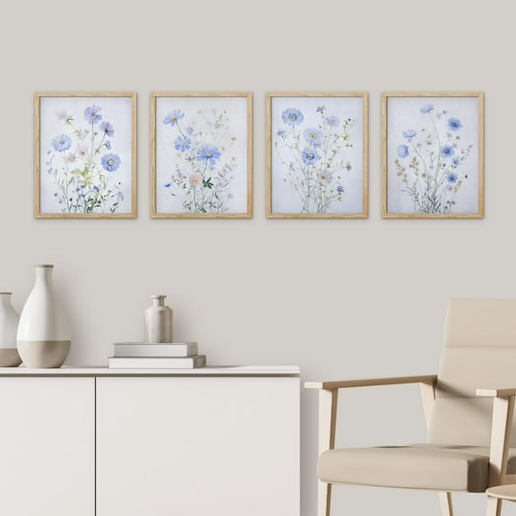 PixonSign Framed Wall Art Blue Wildflowers Floral Botanical Prints, Set of 4 Nature Wildernes Paintings, Rustic Wall Décor, Flower Plants Adhesive Canvas Poster for Home Decor - 11"x14" Natural
