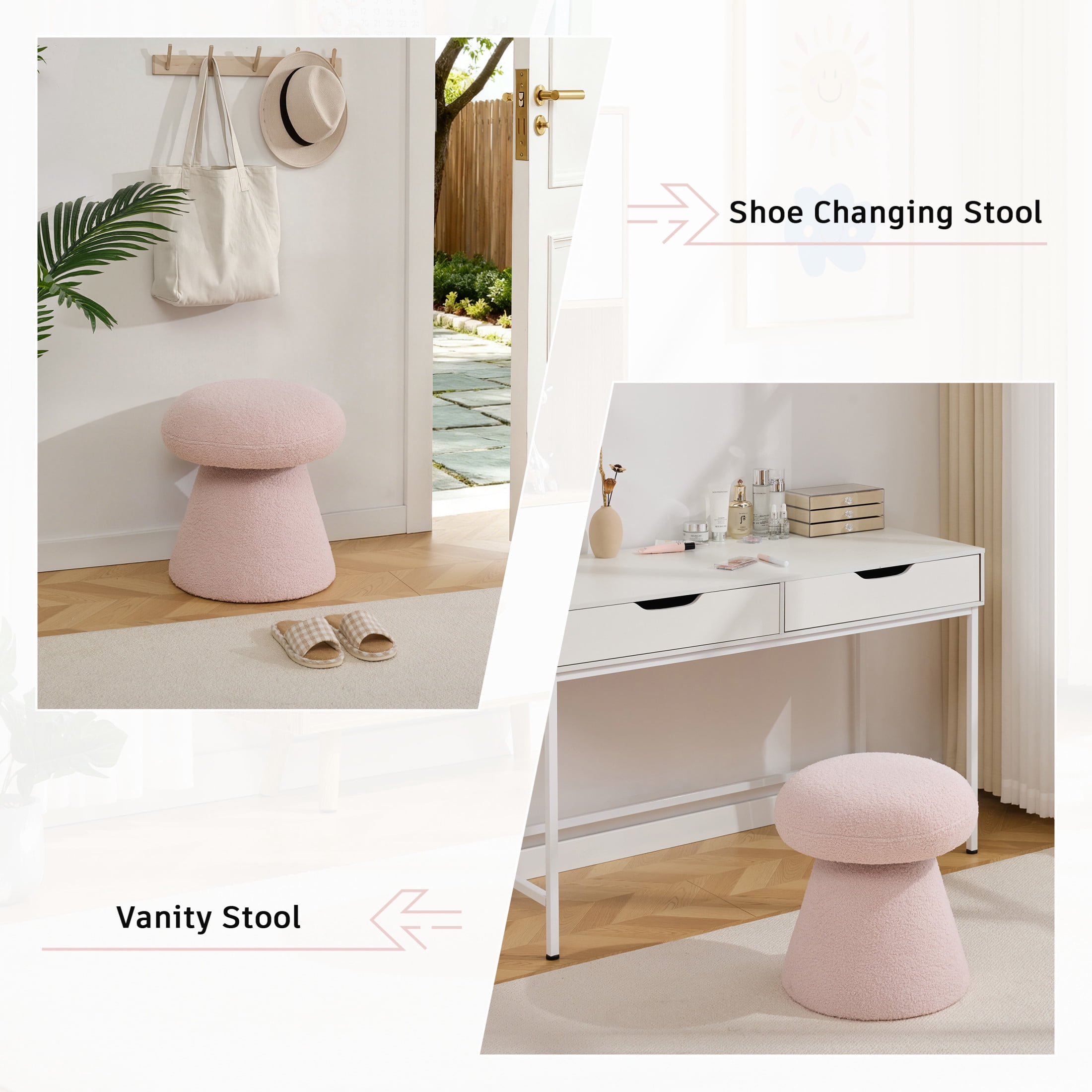 Noble House Arvion 360° Swivel Mushroom Ottoman, Round Teddy Vanity Footrest Dressing Chair for Living Rooms, Pink