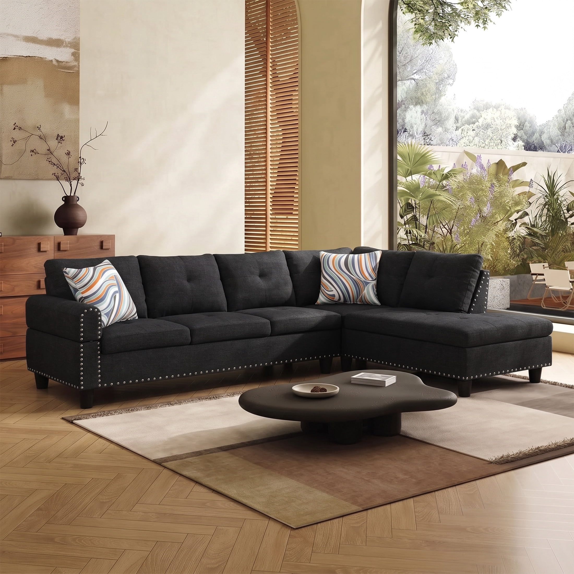 AENKYO 98" L-Shaped Sectional Sofa with Reversible Chaise and Cup Holders, Linen, Black Gray